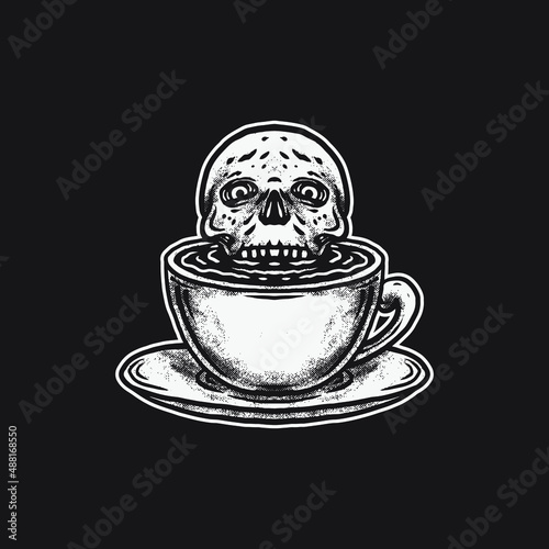 Skull in the coffee cup drawing illustration.