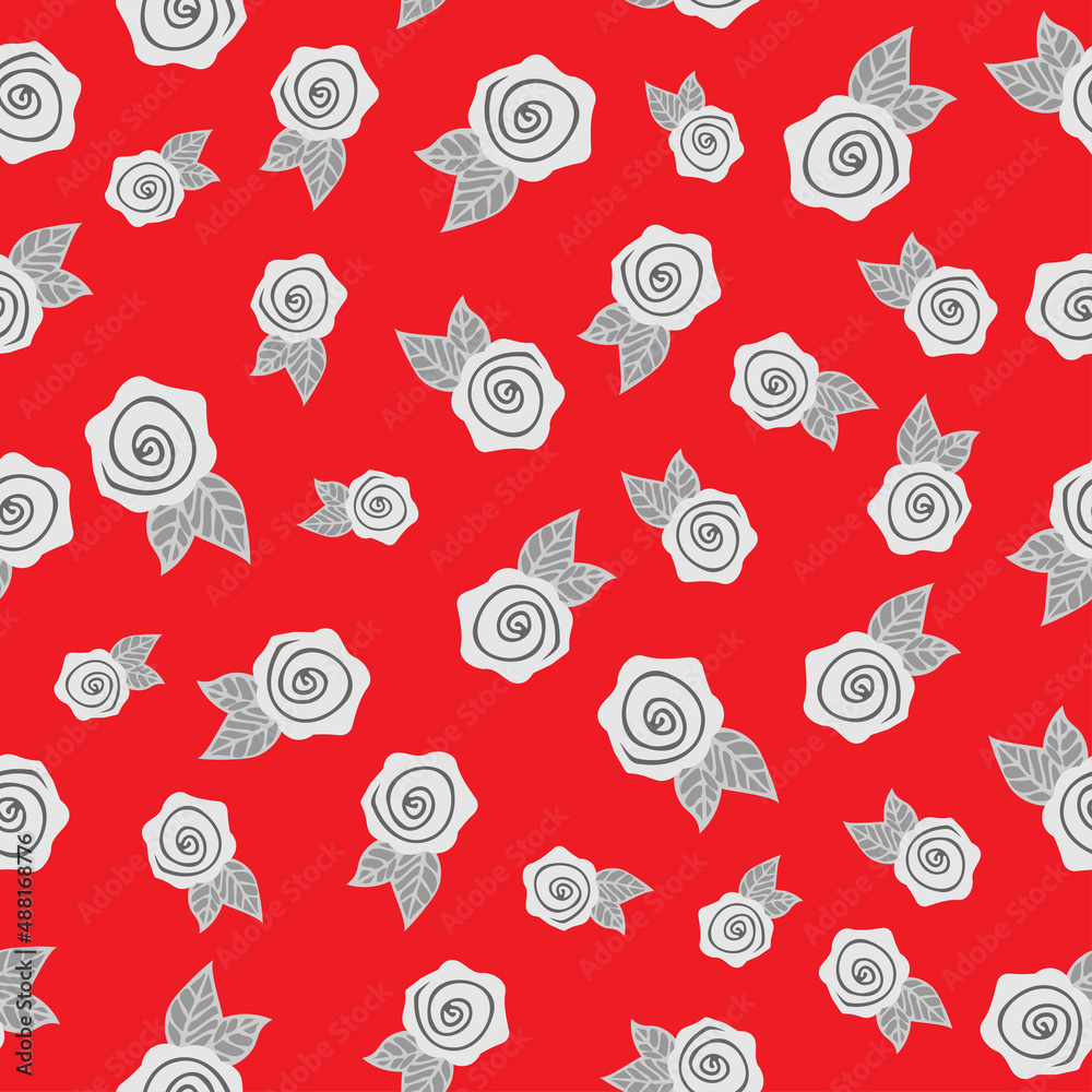 Hand drawn grayscale roses with green leaves seamless pattern isolated on red background. Vector illustration for textile, fabric, invitation and more. Hand drawn grayscale roses with green leaves seamless pattern isolated on red background. Vector illustration for textile, fabric, invitation and more.