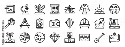 Photo set of 24 outline web geology icons such as seismograph, microscope, crystal, fi