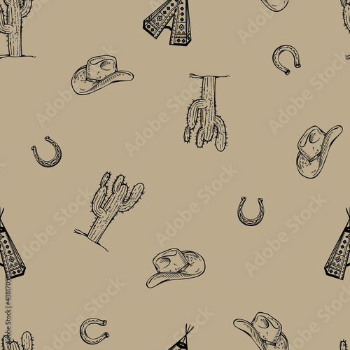 Cowboy West all over print, with cactus and cowboy hat seamless pattern