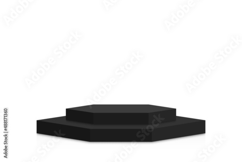 Black podium mockup in hexagon shape. Empty black stage and pedestal mockup on white background. Hexagon podium, stand and platform for award ceremony and product presentation. Vector