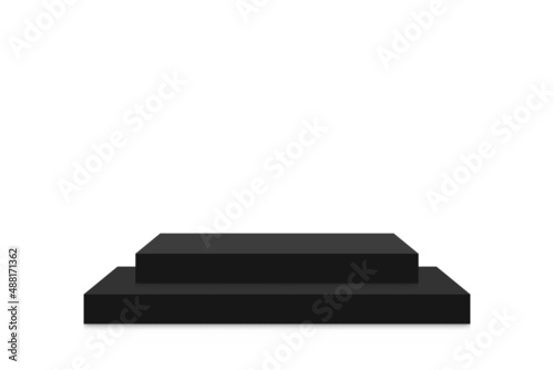 Black podium mockup in square shape. Empty black stage and pedestal mockup on white background. Square podium, stand and platform for award ceremony and product presentation. Vector