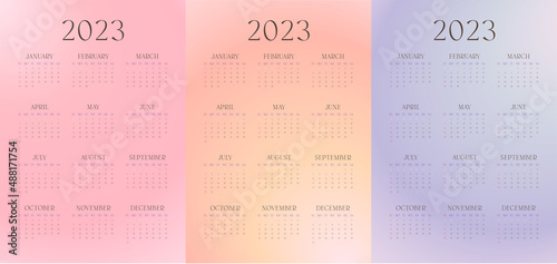 One page wall calendar 2022 set. Pink, yellow and blue gradient versions. Vector.	