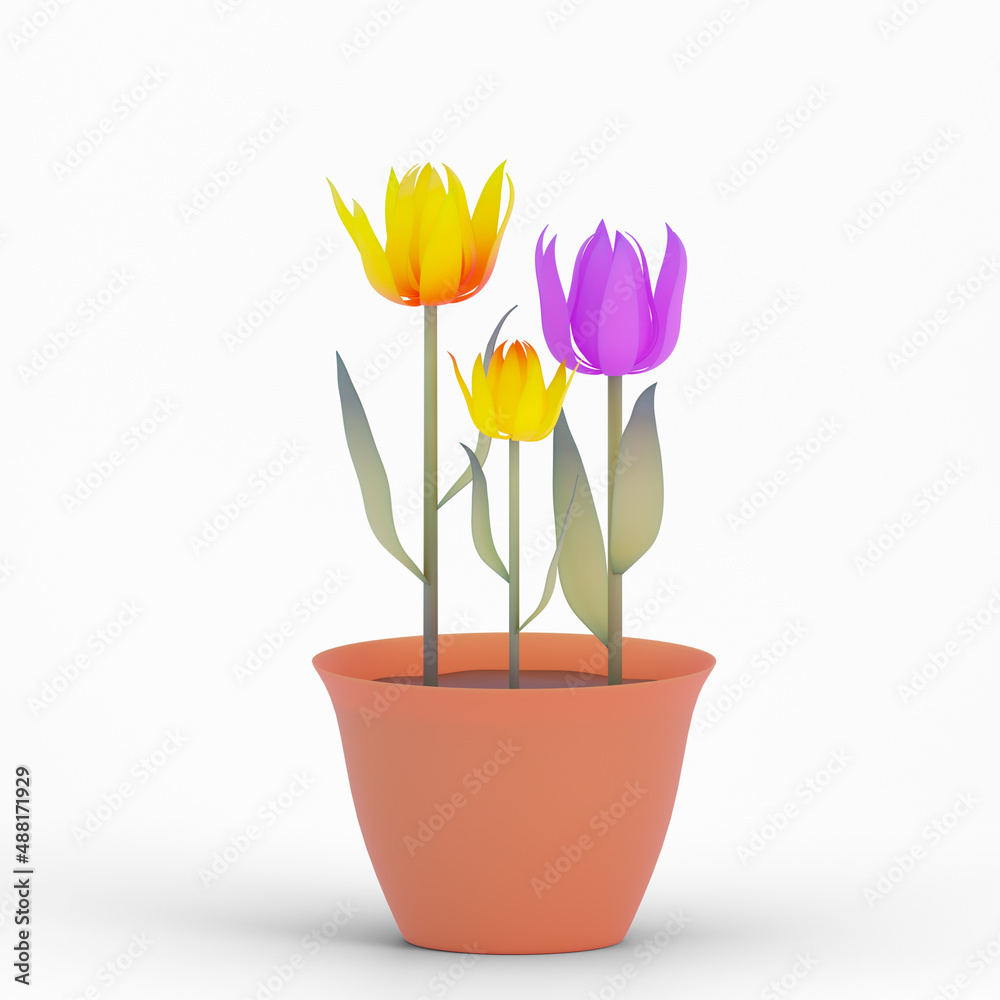 Illustration with three tulips in a flower pot, 3d rendering.