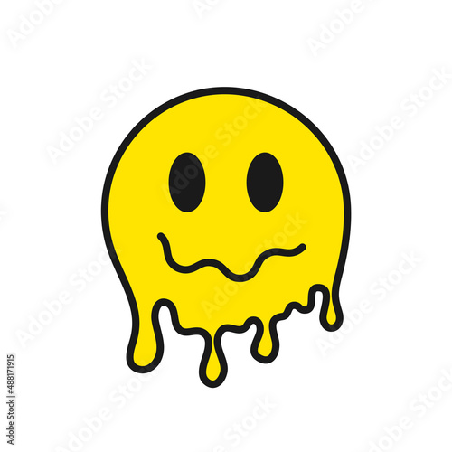 Acid smiley face. Yellow acid sticker with funny melted face. Melted smile emoji in acid style. Vector