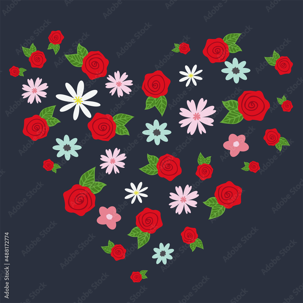 Heart shape filled with different flowers isolated on navy blue background. Vector illustration for print, cover, poster, Valentine's day, Mother's day, banner, sale.