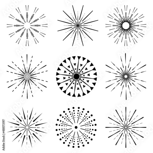 Festive fireworks black lines collection. Set of explosion rays design elements. Abstract burst contour firecracker pattern. Jpeg illustration