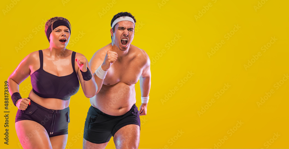 Running concept. Fat Runners run on yellow background. Copy space.