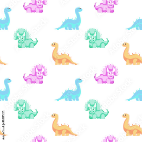 Fototapeta Naklejka Na Ścianę i Meble -  Dinosaurus pixel art cute  seamless pattern