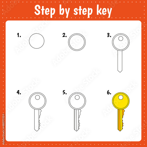 Drawing lesson for children. How draw a key. Drawing tutorial. Step by step repeats the picture. Kids activity art page for book. Vector illustration.