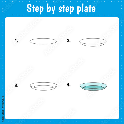 Drawing lesson for children. How draw a plate. Drawing tutorial. Step by step repeats the picture. Kids activity art page for book. Vector illustration.
