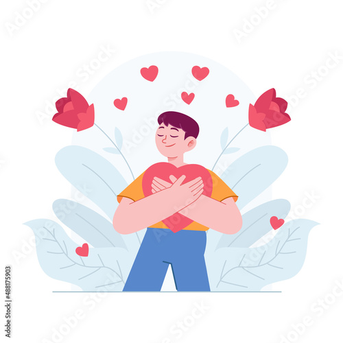 Love yourself concept vector Illustration idea for landing page template, happy self love hug esteem ego confidence, body acceptance as proud and caring, positive attitude, Hand drawn Flat Style