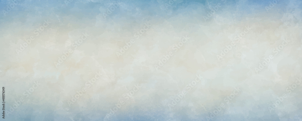 Blue vector watercolor art background with clouds and sky. Hand drawn vector texture. Blue sky. Heaven. Abstract template for flyers, cards, poster, cover or design interior. Stucco. Fresco.
