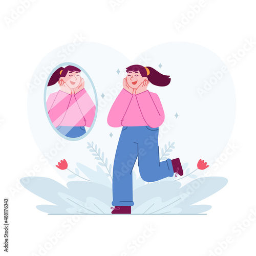 Love yourself concept vector Illustration idea for landing page template, happy self love hug esteem ego confidence, body acceptance as proud and caring, positive attitude, Hand drawn Flat Style photo
