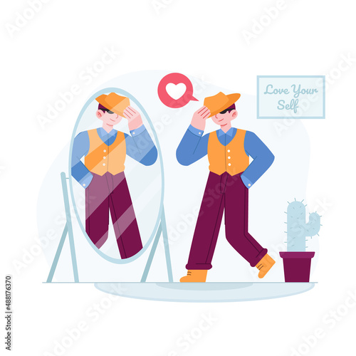 Love yourself concept vector Illustration idea for landing page template, happy self love hug esteem ego confidence, body acceptance as proud and caring, positive attitude, Hand drawn Flat Style