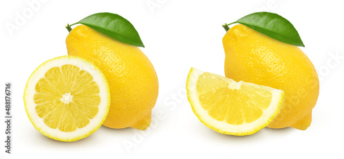 Ripe lemon fruit and sliced with leaves isolated on white background, Fresh and Juicy Lemon.