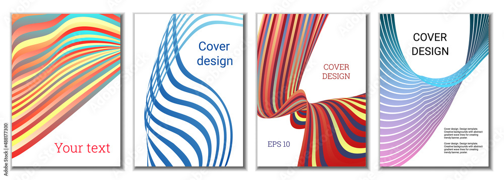 A set of 4 abstract covers. Wavy parallel gradient lines, ribbons evolve. Cover design, background. Trendy banner, poster. A set of 4 abstract covers. Wavy parallel gradient lines, ribbons evolve. Cover design, background. Trendy banner, poster.