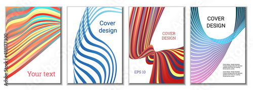 A set of 4 abstract covers. Wavy parallel gradient lines, ribbons evolve. Cover design, background. Trendy banner, poster.