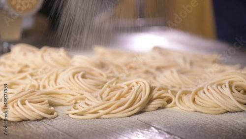Professional chef works in kitchen of Italian cuisine restaurant and prepares homemade handmade spaghetti. cook sprinkles flour on fresh raw noodles from dough. pasta maker