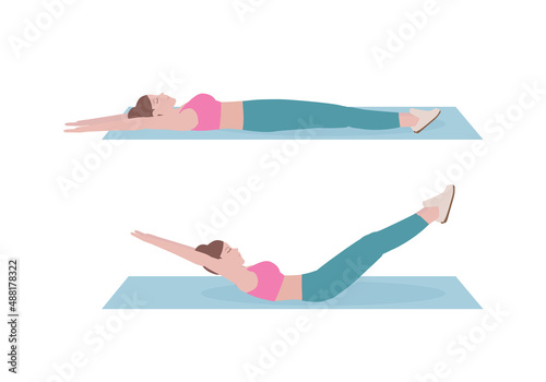 Woman doing exercises.  Benefits, doing Hollow-Body Hold is Its core-strengthening properties. Fitness and health concepts. Isolated vector illustration in cartoon style.