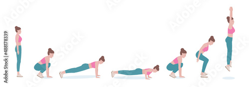 Woman doing exercises. woman in pink shirt and a blue Long legs. Step by step instruction for doing Between Burpee & Push-up. Isolated vector illustration in cartoon style. Fitness and health concept