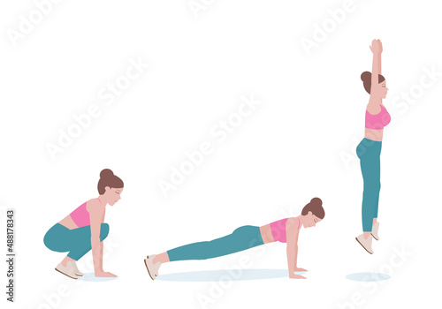 Women doing exercises. woman in a pink shirt and blue Long legs. Step-by-step instruction for doing burpee. Isolated vector illustration in cartoon style. Fitness and health concepts.