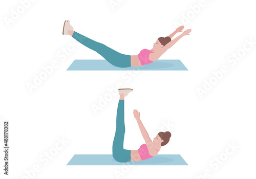 Women doing exercises. woman in a pink shirt and blue Long legs. instruction for doing toe touch crunches. Fitness and health concepts. Isolated vector illustration in cartoon style.
