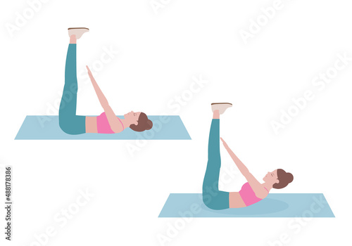 Women doing exercises. Woman in a pink shirt and a blue Long legs. Woman showing step for Toe touch stretches, health concept. Isolated vector illustration in cartoon style.
