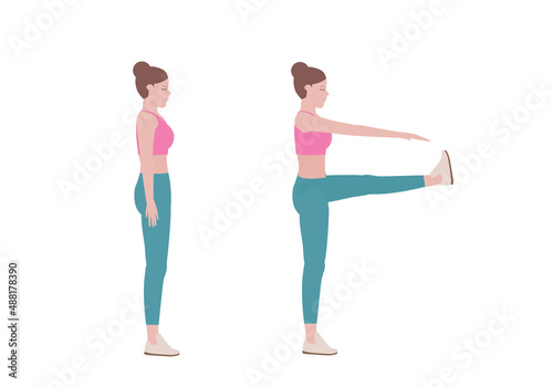 Woman doing exercises.  Benefits, doing walking high kicks about abs and glutes & hip flexors and also involves calves and hamstrings. Fitness and health concepts. Vector illustration in cartoon style