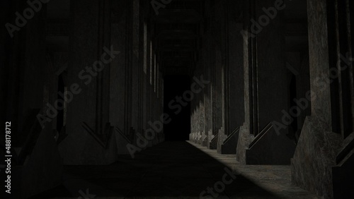 dunkler Gang mit steinernen Säulen