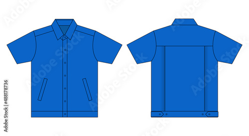 Blank Blue Short Sleeve Factory Uniform Shirt Template on White Background. Front and Back View, Vector File.