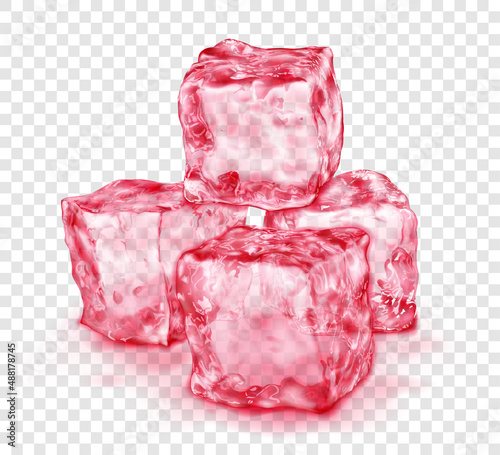 Group of realistic translucent ice cubes in red color, with shadow, isolated on transparent background. Transparency only in vector format