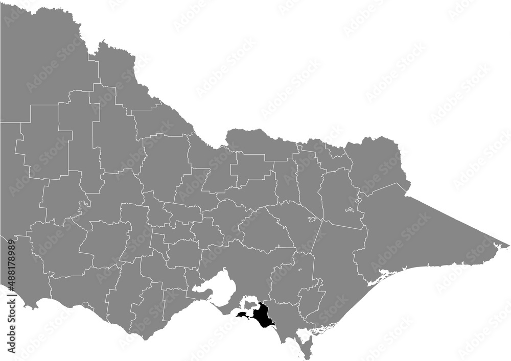 Obraz premium Black flat blank highlighted location map of the BASS COAST SHIRE AREA inside gray administrative map of areas of the Australian state of Victoria, Australia