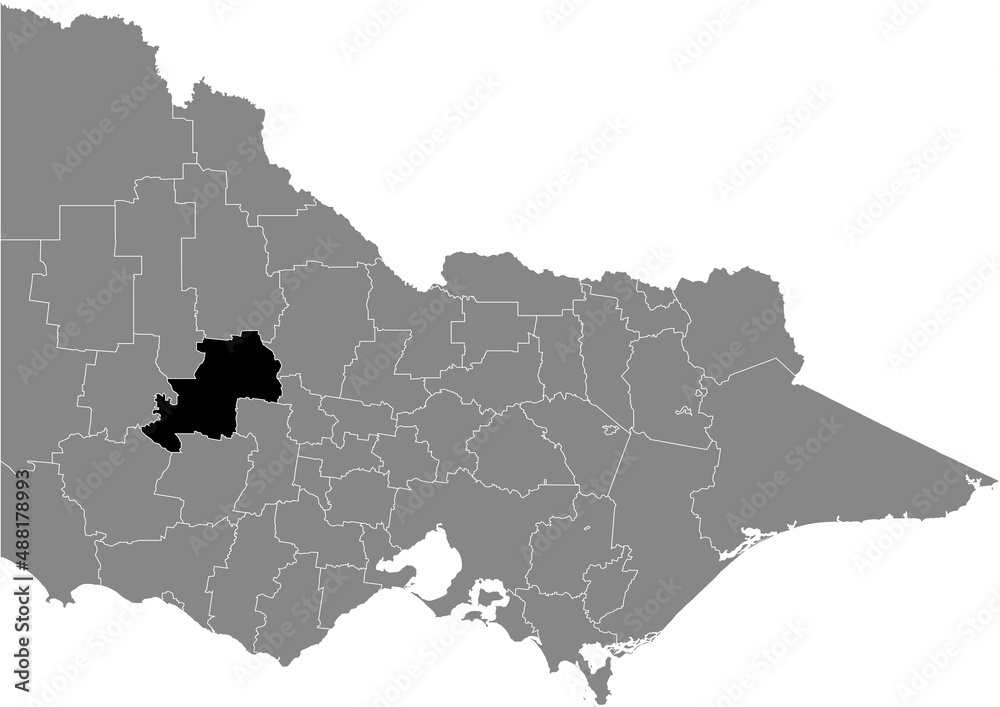 Obraz premium Black flat blank highlighted location map of the SHIRE OF NORTHERN GRAMPIANS AREA inside gray administrative map of areas of the Australian state of Victoria, Australia