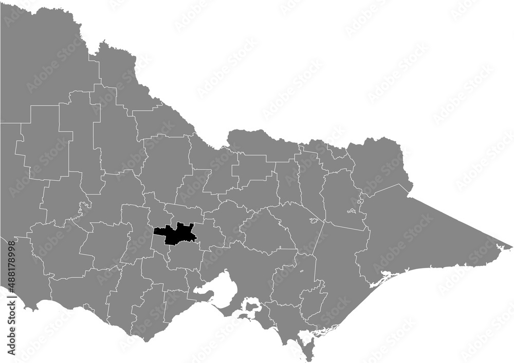 Fototapeta premium Black flat blank highlighted location map of the SHIRE OF HEPBURN AREA inside gray administrative map of areas of the Australian state of Victoria, Australia