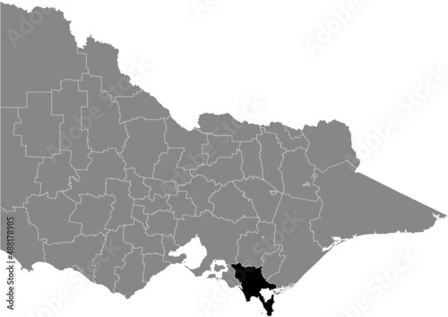 Black flat blank highlighted location map of the SOUTH GIPPSLAND SHIRE AREA inside gray administrative map of areas of the Australian state of Victoria, Australia