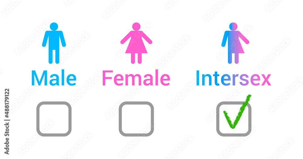 Vector flat set of gender male, female and intersex icons and check boxes isolated on white background.
