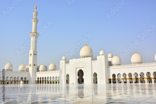 Sheikh Zayed Grand Mosque, courtyard of world's largest mosque located in Abu Dhabi, in United Arab Emirates; arabesque floral patterns on floor