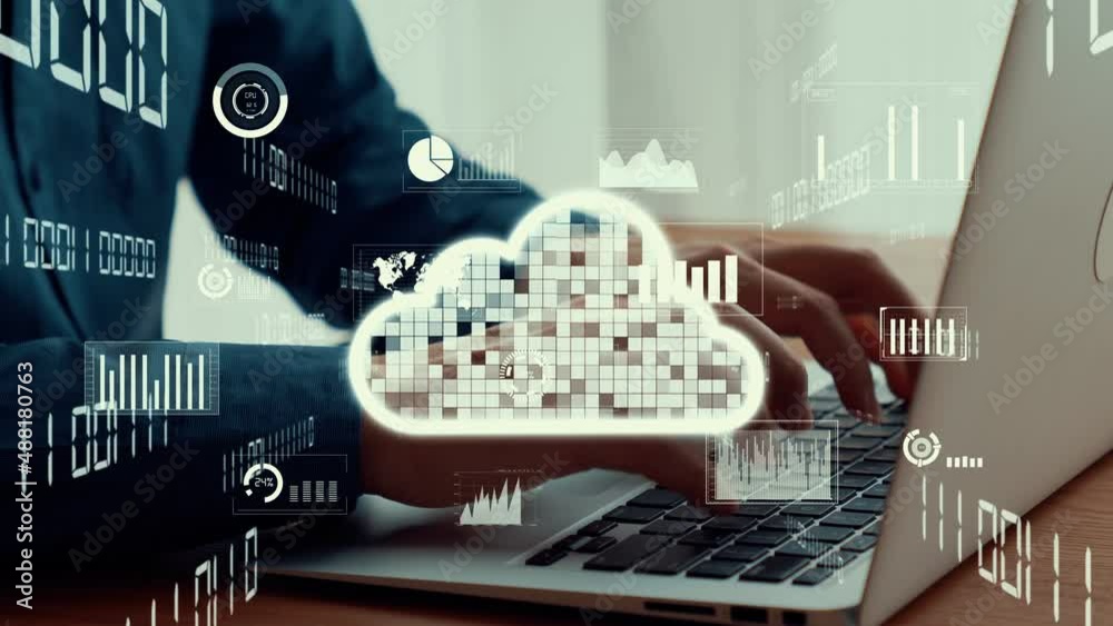 Businessman uses capable laptop computer to connect to cloud computing network for team data sharing on the cloud server and access computer files