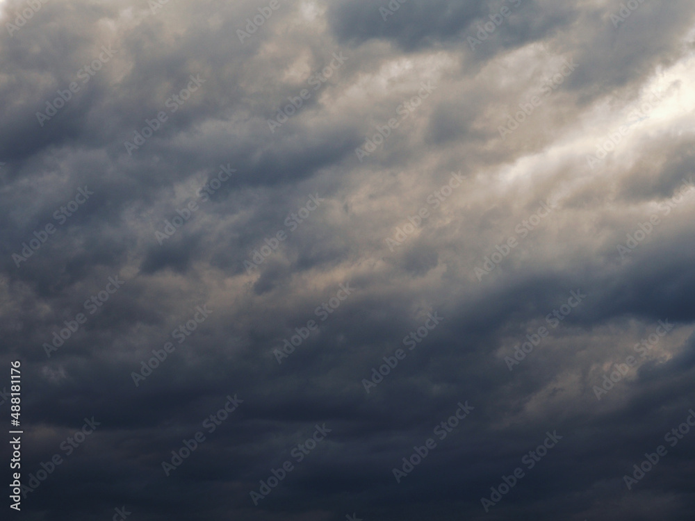 Dark gray heavy clouds in the sky before a thunderstorm. Dramatic spectacular backdrop or wallpaper. Natural grim menacing background. Ahead of a storm or cataclysm. Bad terrible weather. Overcast