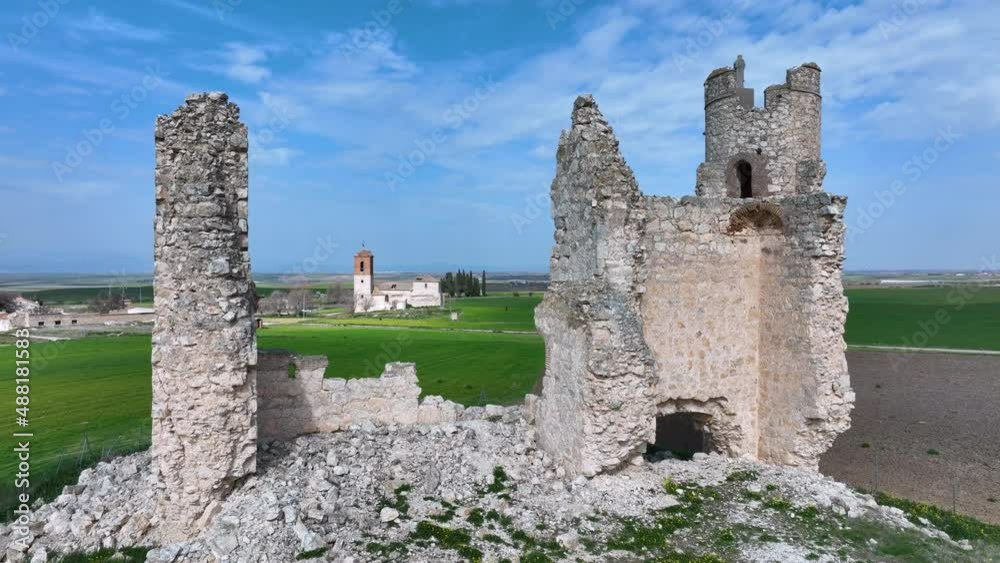 Aerial view from a drone of Castillo De Caudilla and the Church of Ntra.Sra. de los Reyes in Caudilla, near Torrijos in the Province of Toledo, Castilla-La Mancha, Spain, Europe