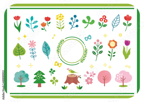 春の花と植物の水彩風手描きイラストセット / 桜、花、木、植物、飾り