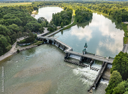 Luftbild der Lechstaustufe Hochablaß Augsburg am Kuhsee im Sommer 2021 photo