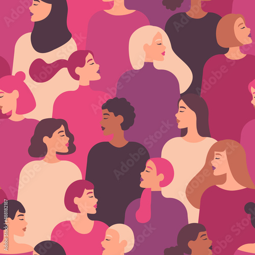 Female diverse faces of different ethnicity. Vector seamless pattern with women of different nationalities and cultures. Women's struggle for freedom, independence, equality.