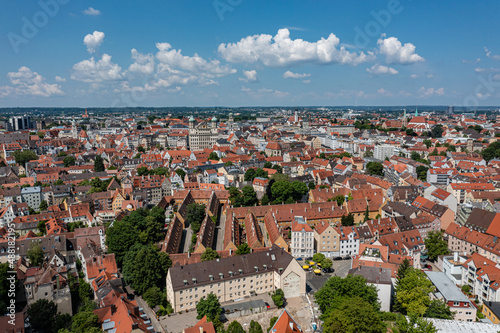 Luftbild der Fuggerei Augsburg im Sommer 2021 mit Blick auf u. a. Rathaus und Perlachturm photo