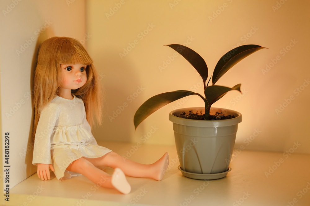 Doll with fashionable white dress sitting next to the pot with houseplant