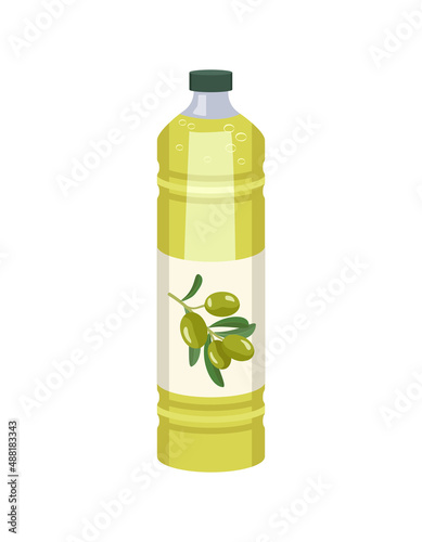 Bottle of olive oil. Plastic transparent packaging with yellow liquid. Source of vitamins, salad dressing. Vector flat illustration