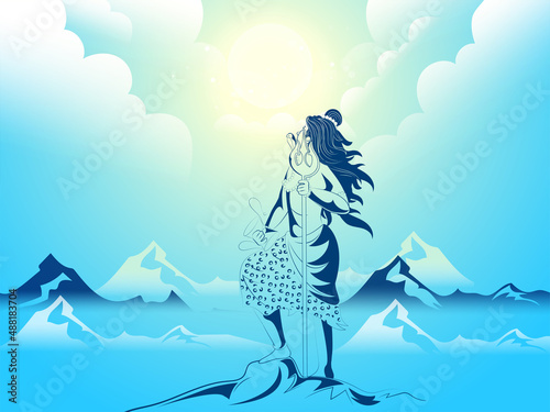 Hindu Mythology Lord Shiva Standing Over Icing Rock On Sunshine Blue Mountain Background. photo