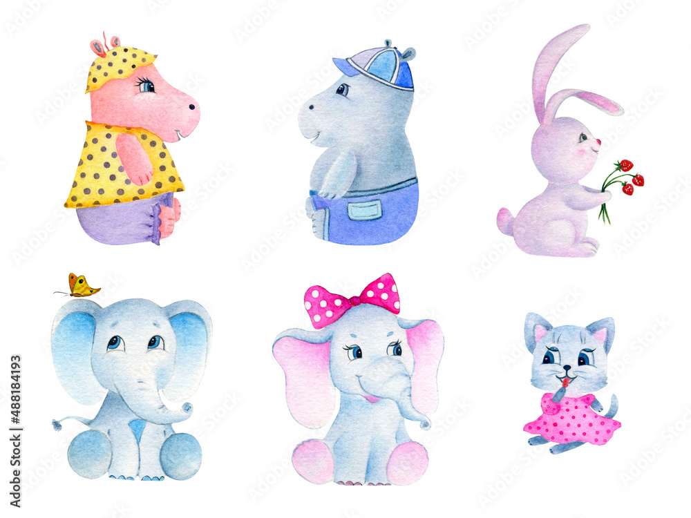 Obraz premium Collection of cute animals in cartoon isolated flat style on white background. Watercolor illustration design template. Hippos, elephants, a hare, a kitt.