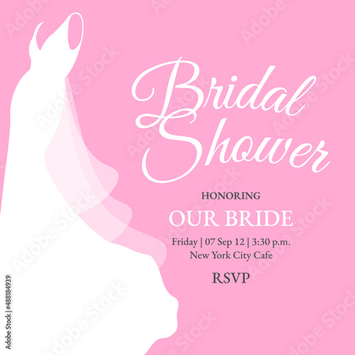 Bridal Shower invite with Bride wedding dress on pink background